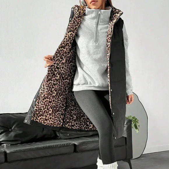 Black Casual Women's Front Button Sleeveless Hooded Padded Coat - Picture 5 of 5